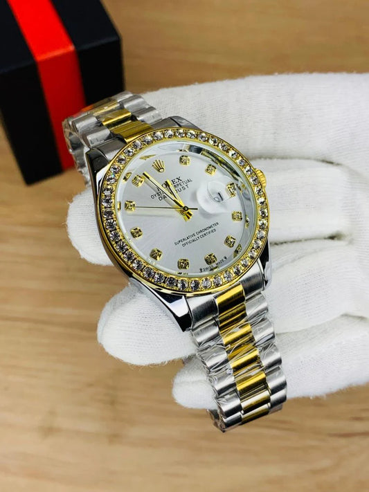 Diamond Studded Watch | Date Adjustment (Two Tone White)